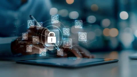 Businessman Using Tablet with Cybersecurity Lock, Cloud Computing and IoT Tech Stock Footage 337220919
