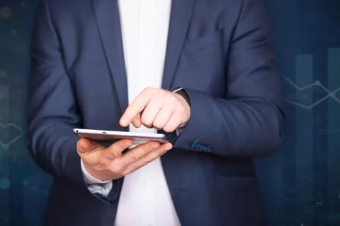 Businessman using tablet, double exposure with network Stock Photos