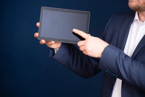 Businessman using tablet, double exposure with network Stock Photos