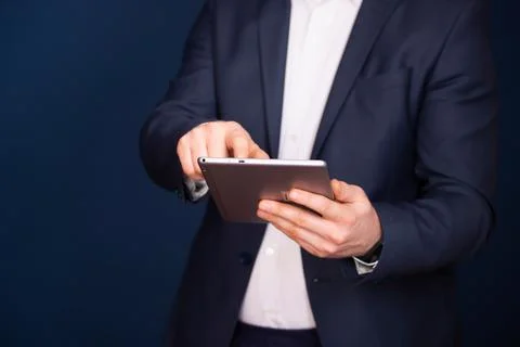 Businessman using tablet, double exposure with network Stock Photos