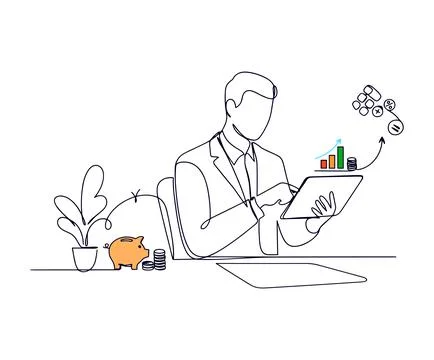 Businessman using a tablet for financial analysis with a piggy bank. Stock Illustration