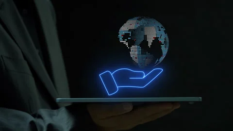 Businessman using tablet with glowing neon line of hand holding globe icon. Stock Footage 280888589