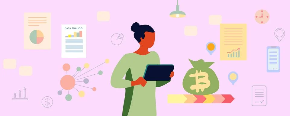 Businessman using tablet multitasking skill, laptop, note, cartoon flat vec.. Illustrazione stock