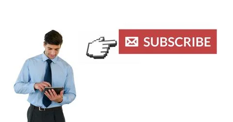 Businessman using tablet next to large subscribe button with cursor icon Stock Photos