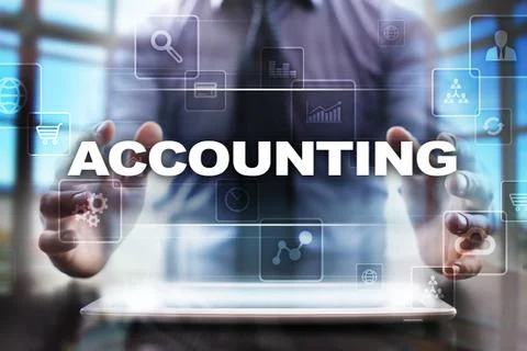 Businessman using tablet pc and selecting accounting. Stock-Fotos