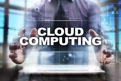 Businessman using tablet pc and selecting cloud computing. Stock Photos