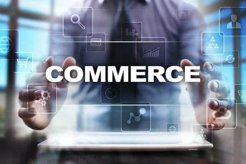 Businessman using tablet pc and selecting commerce. Stock-Fotos