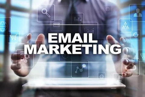 Businessman using tablet pc and selecting email marketing. Stock-Fotos