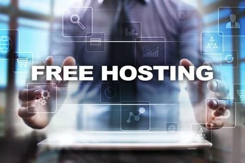 Businessman using tablet pc and selecting free hosting. Stockfoto's