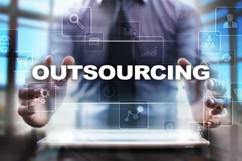 Businessman using tablet pc and selecting outsourcing. 스톡 사진