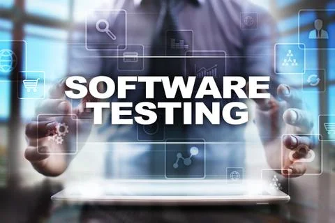 Businessman using tablet pc and selecting software testing. Stock Photos