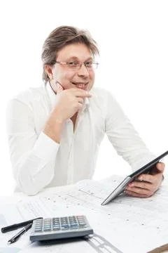 Businessman using tablet PC in office isolated Foto stock