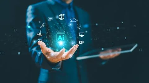 Businessman using technology AI help generate business tool background. Chat  Foto stock