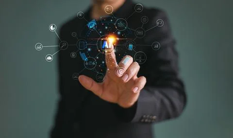 Businessman using technology AI help generate business tool background. Chat  Stock Photos