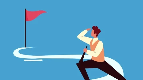 Businessman using telescope looking at target flag on blue background. Video stock 338423417