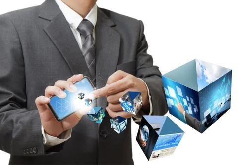 Businessman using touch screen mobile phone streaming 3d images Stock Illustration
