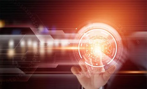 Businessman using touching circle global network on virtual screen Fotos Stock