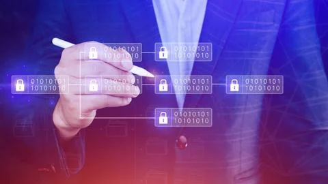 Businessman using a touching on virtual screen to Blockchain technology con.. Stock Photos