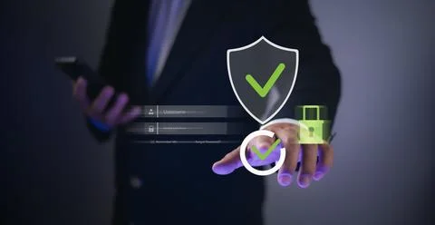 Businessman using virtual interface with security shield, lock, and check i.. Stock Photos