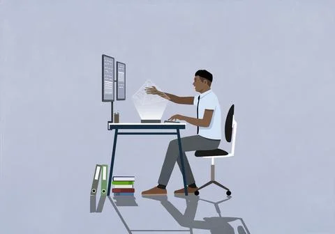 Businessman using virtual reality at computers in office Stock Illustration