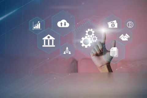 Businessman using virtual touch screen to online transactions with internet t Stock Photos