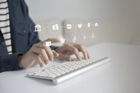 Businessman using virtual touch screen to online transactions with internet t Stock Photos
