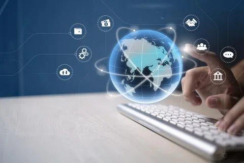 Businessman using virtual touch screen to online transactions with internet t Stock Photos