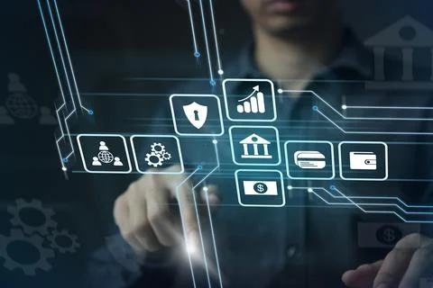 Businessman using virtual touch screen to online transactions with internet t Stock Photos