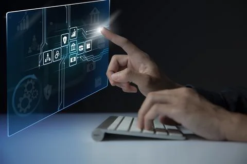 Businessman using virtual touch screen to online transactions with internet t Stock Photos