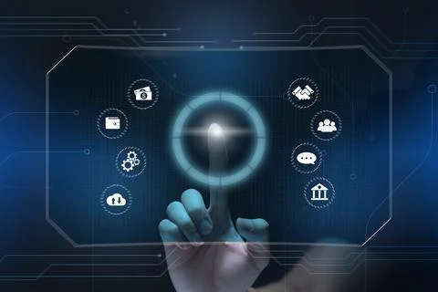 Businessman using virtual touch screen to online transactions with internet t Stock Photos