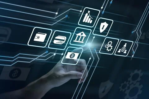 Businessman using virtual touch screen to online transactions with internet t Stock Photos