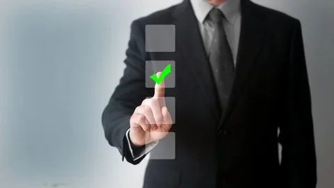 Businessman using whiteboard and touching checkbox Stock Footage 86114783