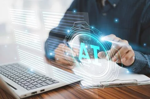 Businessman utilizes advanced AI technology to streamline and enhance docum.. 스톡 사진