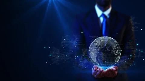 Businessman with virtual earth globe Digital Planet Earth and Global Network Stock Footage 311666532