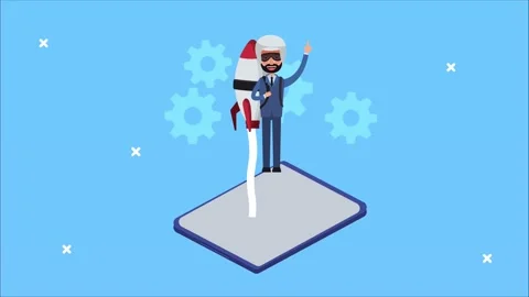 Businessman in virtual reality headset with rocket startup launch on tablet.. Stock Footage 339112002