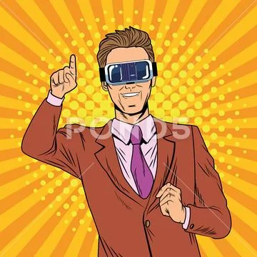 Businessman virtual reality pop art cartoon Stock Illustration