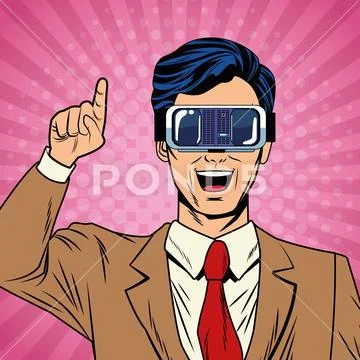 Businessman virtual reality pop art cartoon Stock Illustration