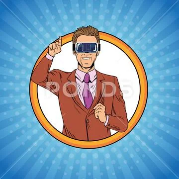 Businessman virtual reality pop art cartoon Stock Illustration