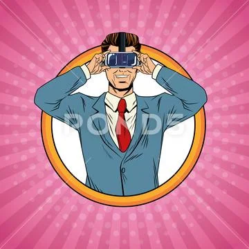 Businessman virtual reality pop art cartoon Stock Illustration
