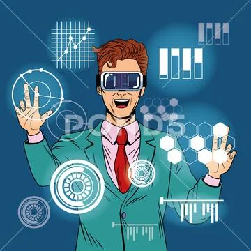 Businessman virtual reality pop art cartoon Stock Illustration