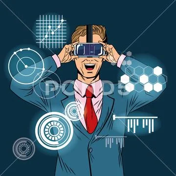Businessman virtual reality pop art cartoon Stock Illustration
