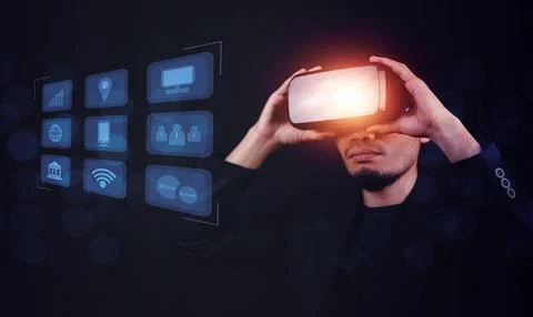 Businessman on visual screen 3D data application technology and VR glasses on Stock Photos