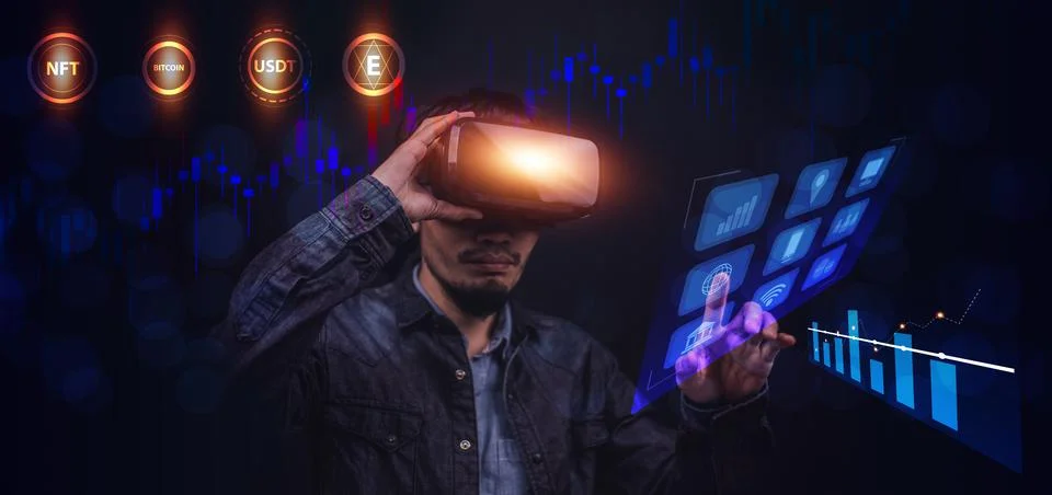 Businessman on visual screen 3D data application technology and VR glasses on Stock Photos