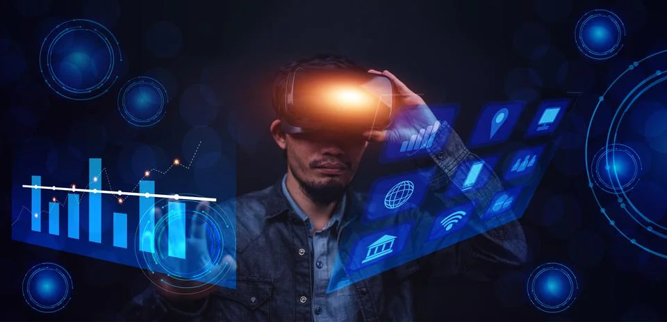 Businessman on visual screen 3D data application technology and VR glasses on Stock Photos