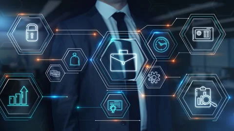 Businessman visualizing corporate management and financial growth concepts Stock Footage 335887217