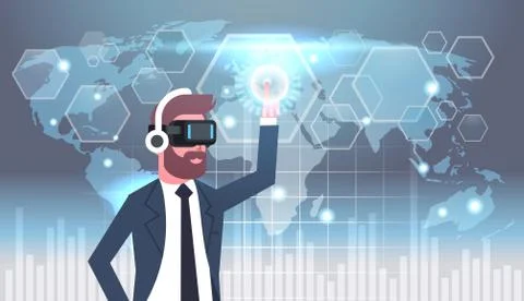 Businessman In Vr Goggles Using User Interface With World Map Background Virtual Stock Illustration