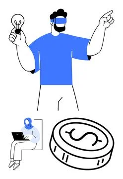 Businessman with VR headset pointing while holding a lightbulb, worker on lap Illustrazione stock