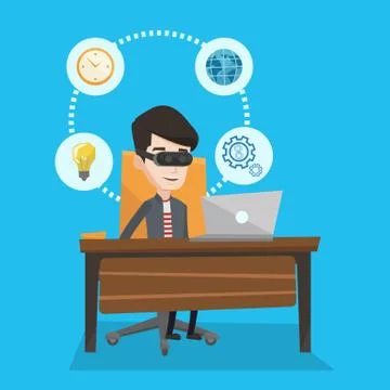 Businessman in vr headset working on computer Stock Illustration