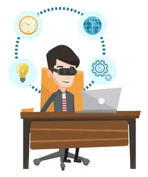 Businessman in vr headset working on computer Stock Illustration