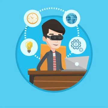 Businessman in vr headset working on computer イラスト素材